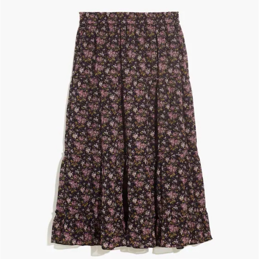 Madewell Crinkle Georgette Tiered Floral Black Maxi Skirt